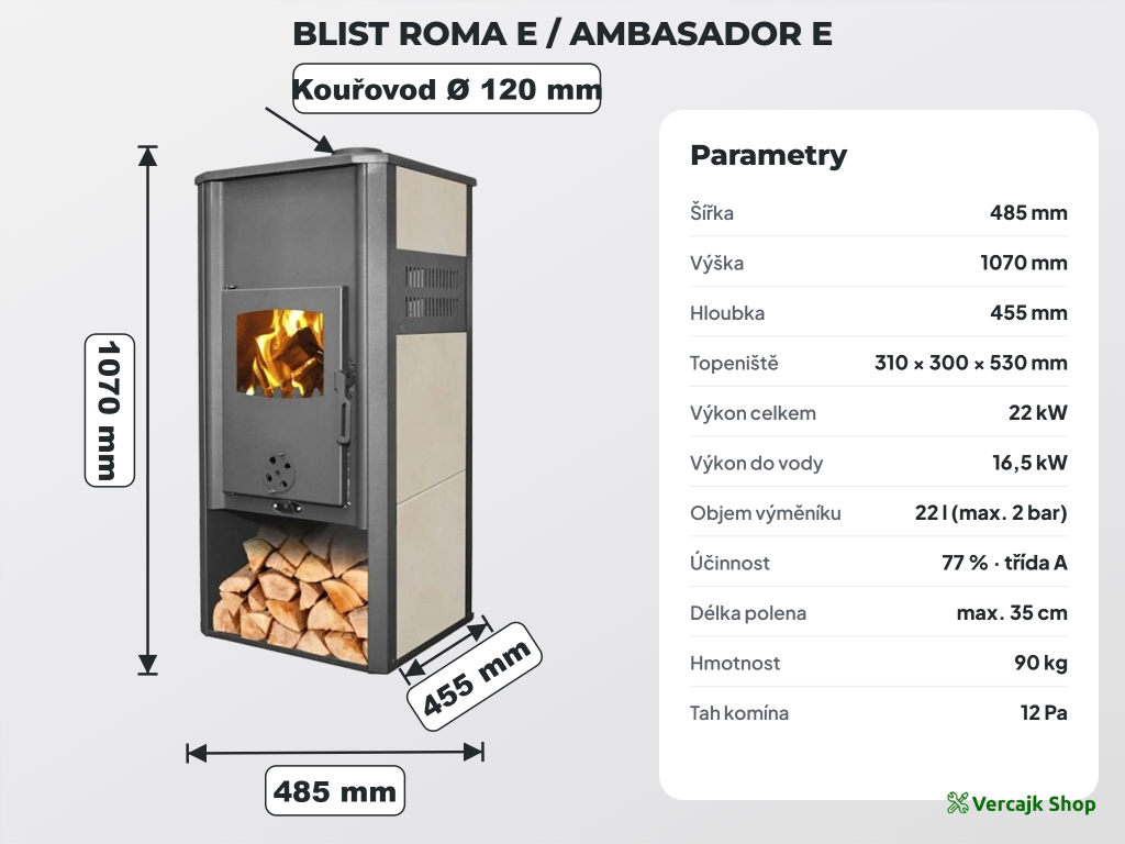 BLIST ROMA E — napojení na topný systém a komín