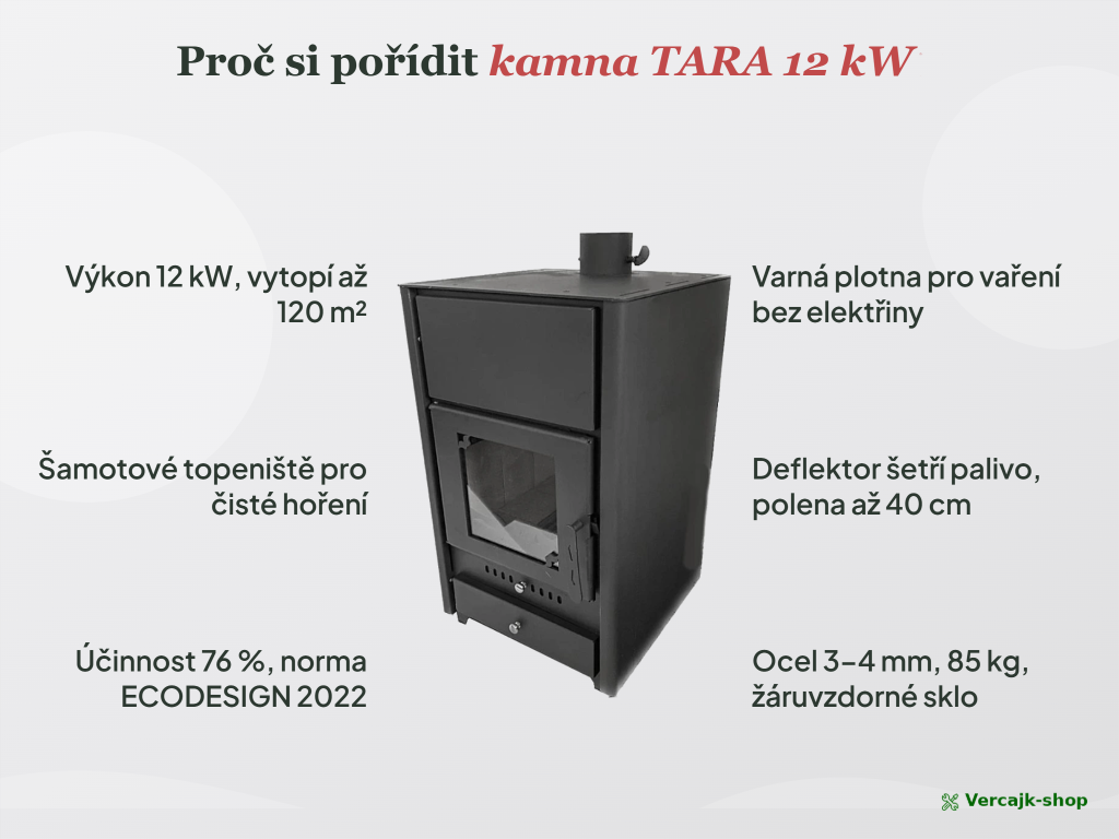 TARA — kamna s varnou plotnou připravená k instalaci, horní vývod 120 mm