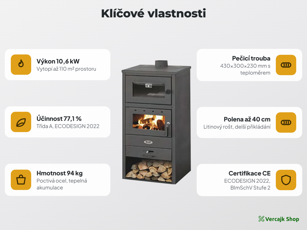 BLIST NAPOLI — kamna s troubou připravená k instalaci, horní vývod 120 mm