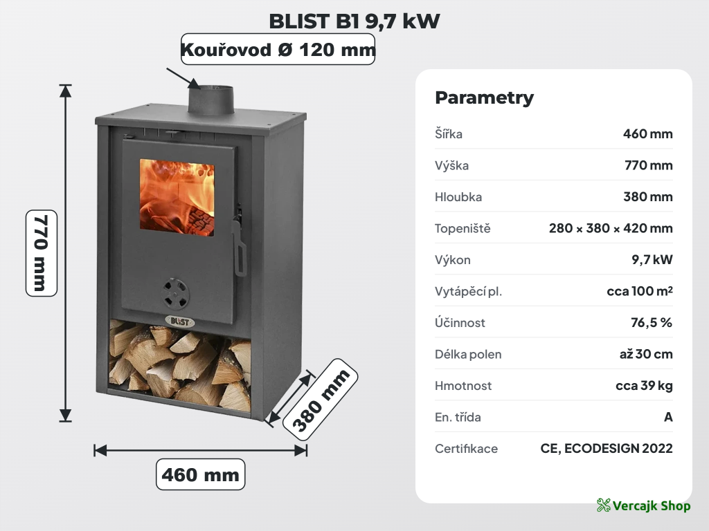 BLIST B1 — kompaktní krbová kamna na dřevo, celkový pohled