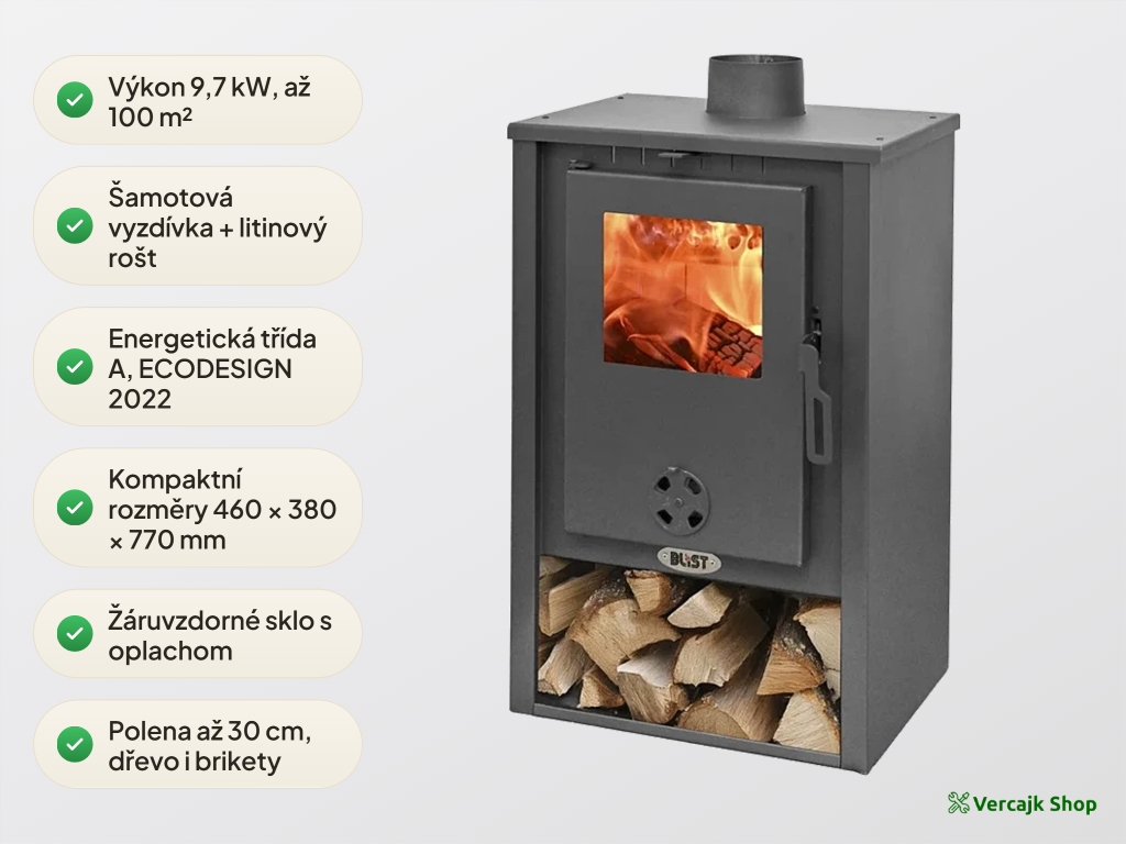 BLIST B1 — kamna připravená k instalaci, horní vývod kouřovodu 120 mm