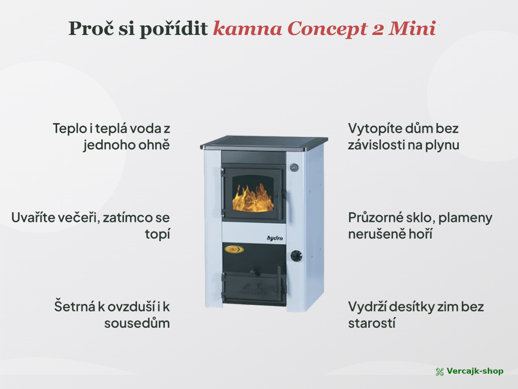 Concept 2 Mini — varná plotna a prosklená dvířka topeniště