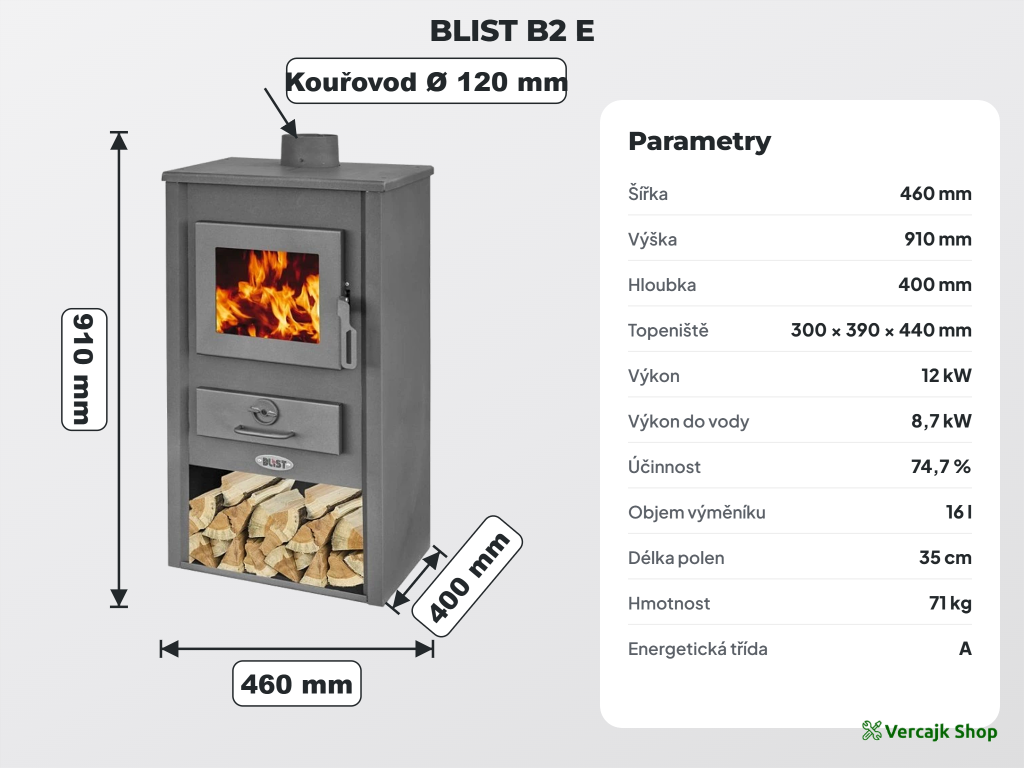 BLIST B2 E — kamna připravená k zapojení, pohled zezadu na hrdlo a výměník