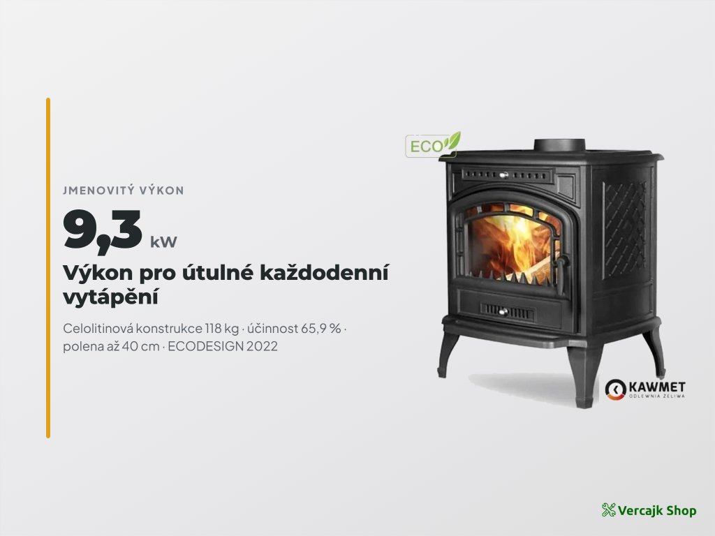 Celolitinová krbová kamna KAWMET P7 9,3 kW s velkým prosklením