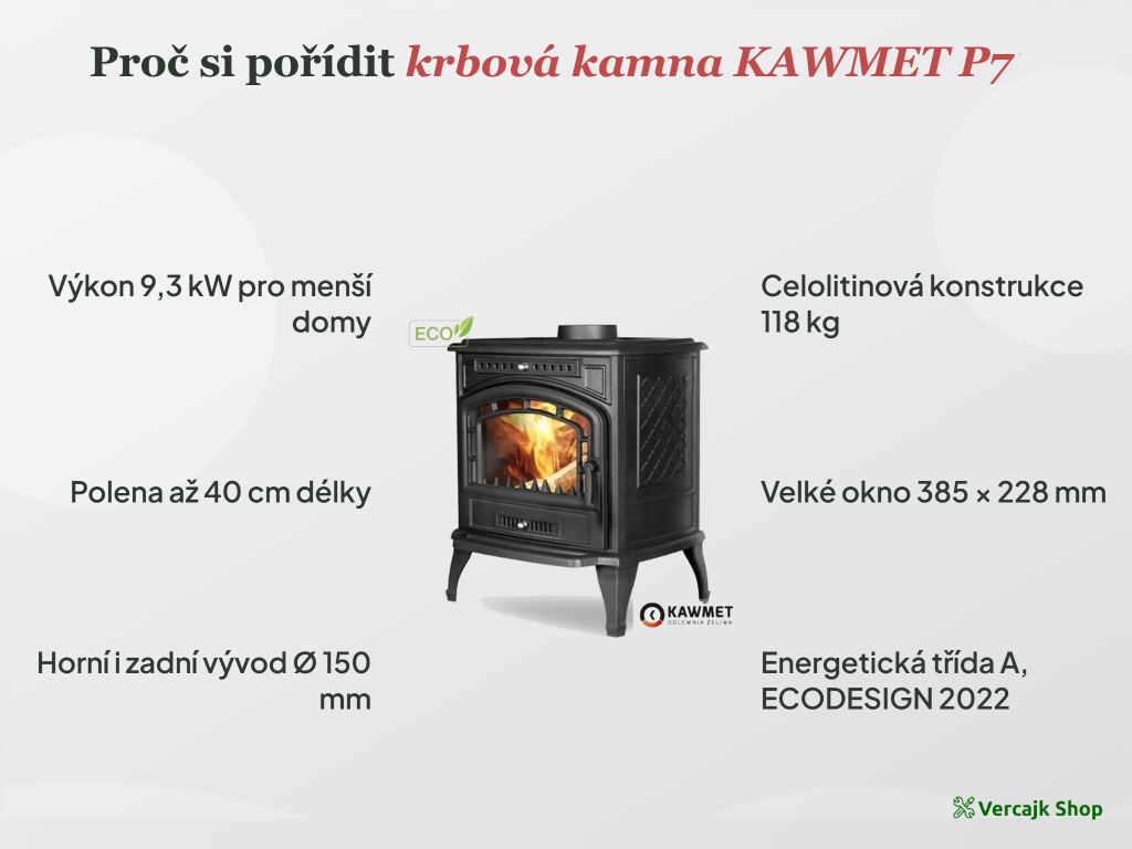 Šedá litina a velké prosklení kamen KAWMET P7