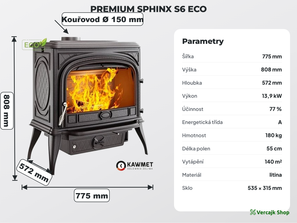 Topeniště kamen SPHINX S6 ECO s vermikulitovými deskami a sklem ROBAX