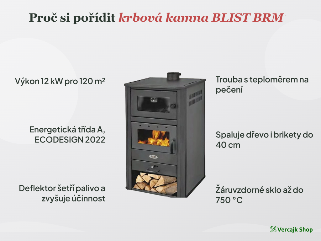 BLIST BRM v provozu — kamna s troubou v obýváku, pečení na dřevě