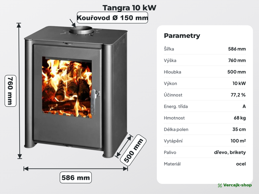 TANGRA — kamna připravená k instalaci, horní vývod kouřovodu 150 mm