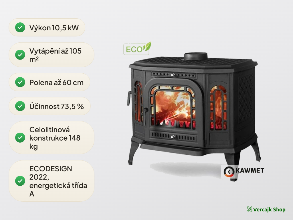 Celolitinová krbová kamna KAWMET P7 LB s bočními okny