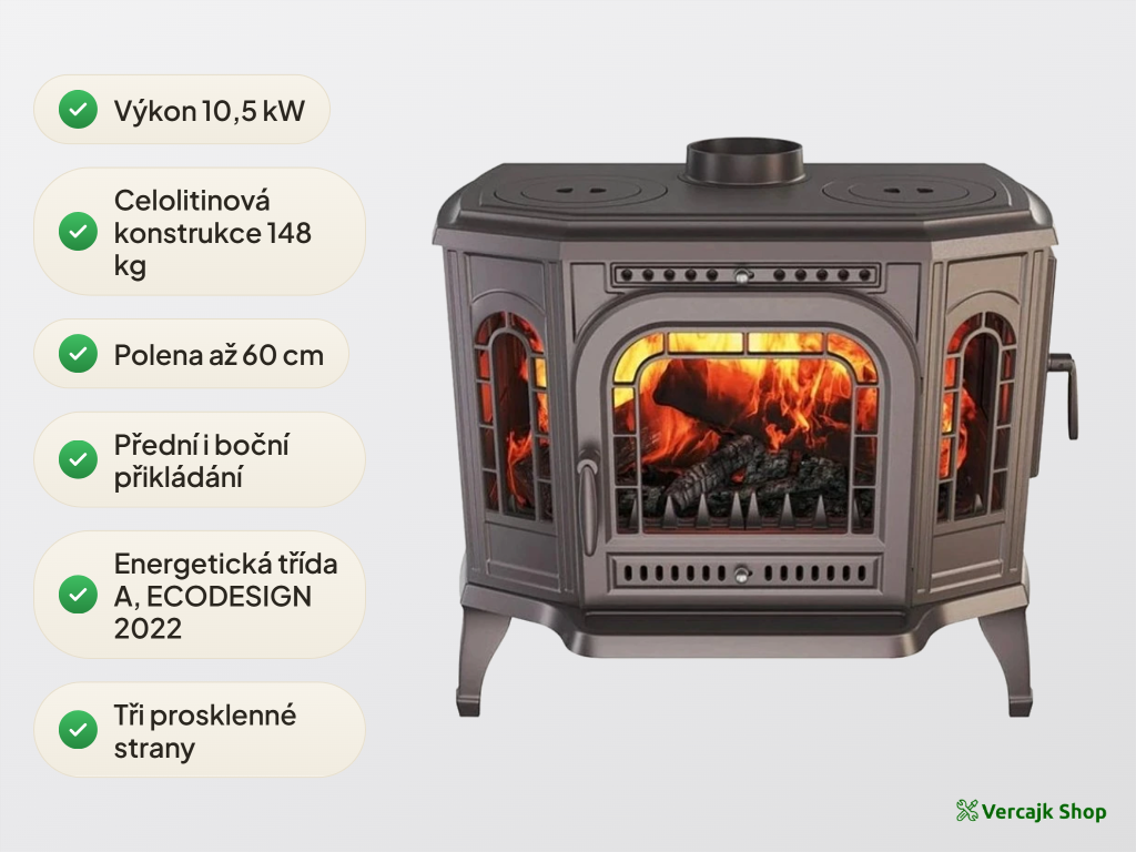 Celolitinová krbová kamna KAWMET P7 PB 10,5 kW s pravými bočními dvířky