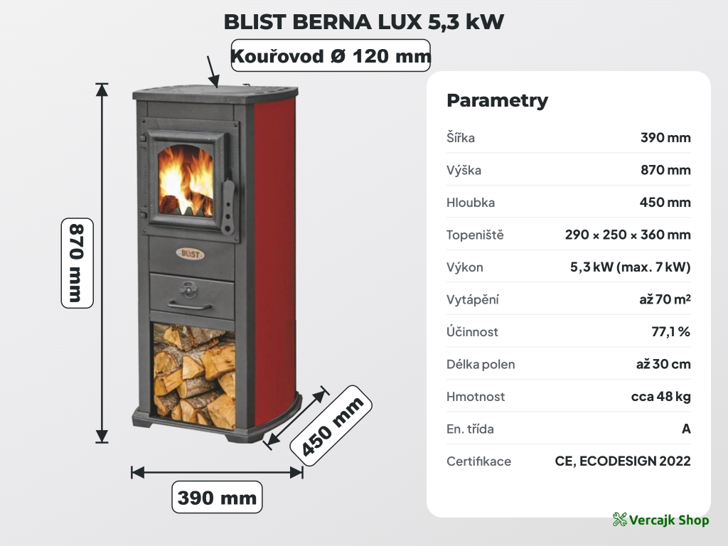 BLIST EKONOMIK LUX / BERNA LUX — kamna připravená k instalaci, zadní vývod kouřovodu 120 mm