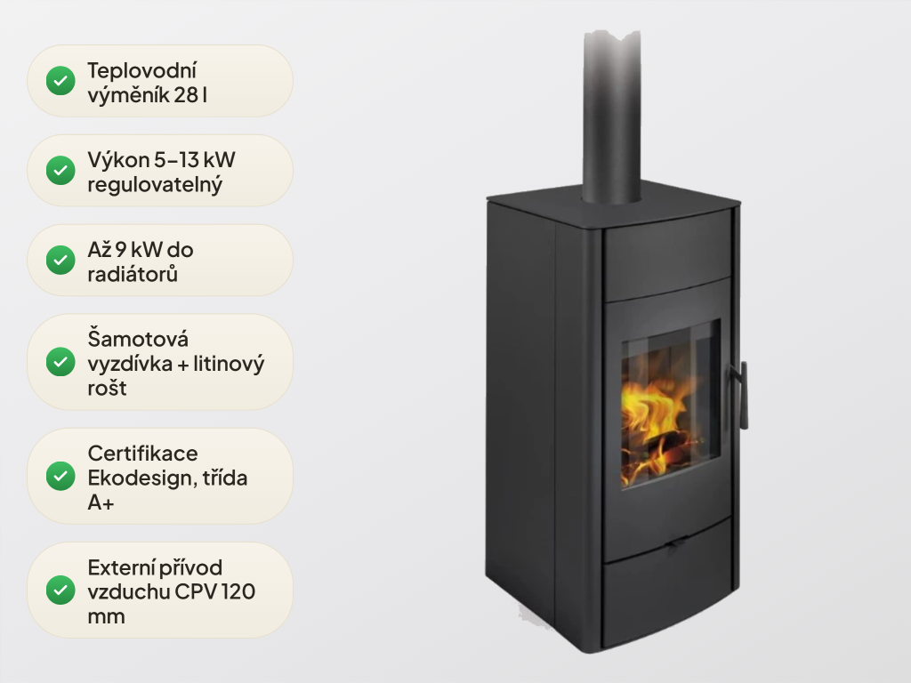 Romotop ESPERA — detail dvířek a topeniště teplovodních kamen s výměníkem