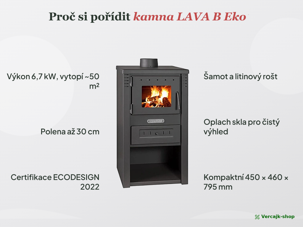LAVA B Eko — kamna připravená k instalaci, horní vývod kouřovodu 120 mm