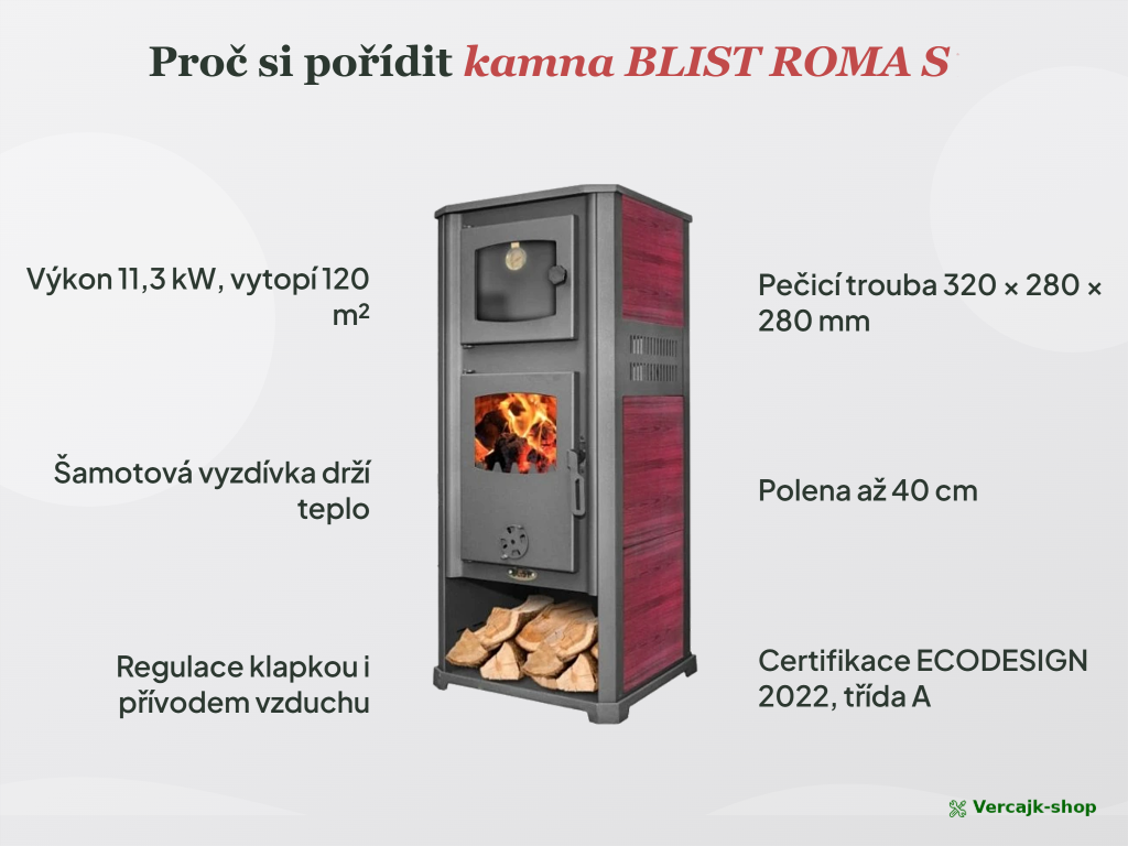 BLIST ROMA S v provozu — kamna s troubou v obýváku, pečení na dřevě