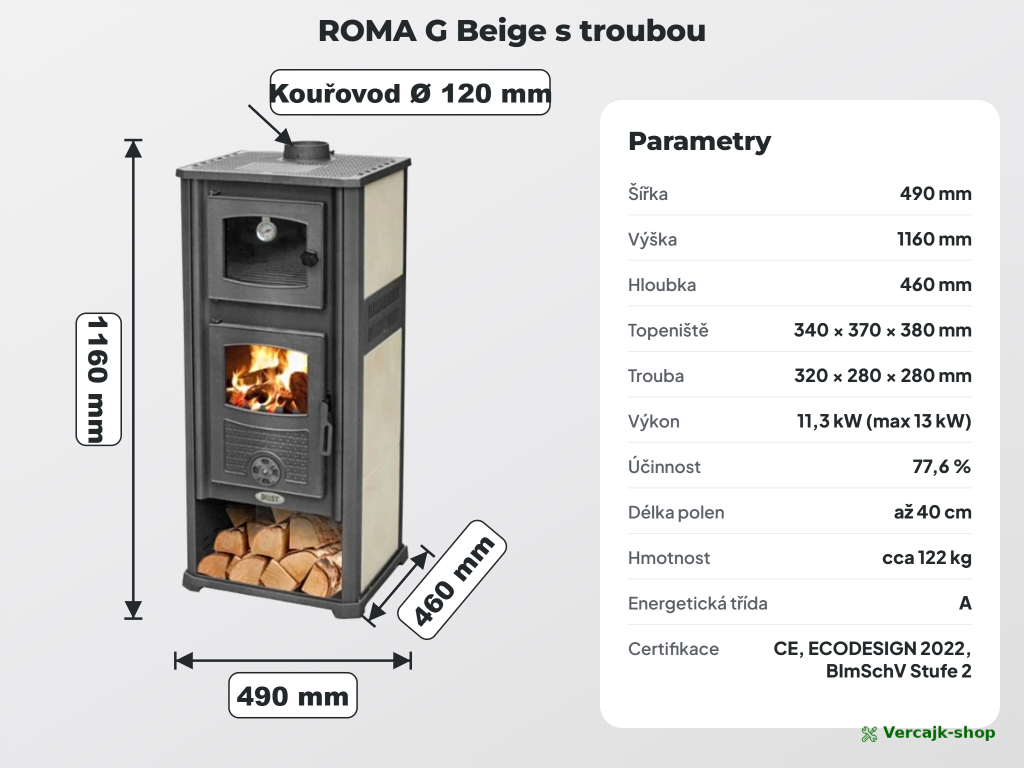 ROMA G — kamna s troubou připravená k instalaci, horní vývod 120 mm