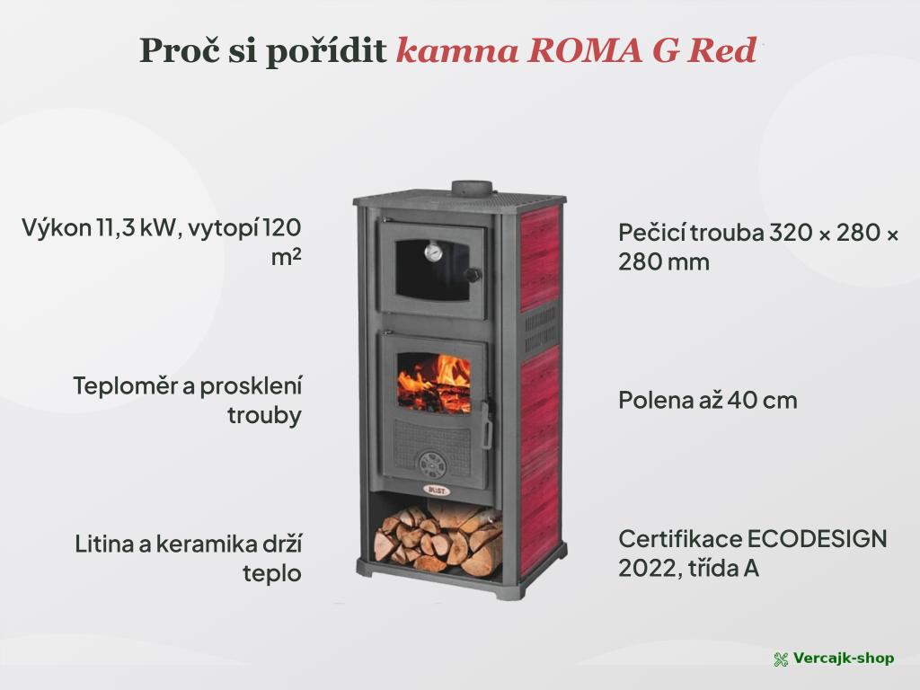 ROMA G — kamna s troubou připravená k instalaci, horní vývod 120 mm