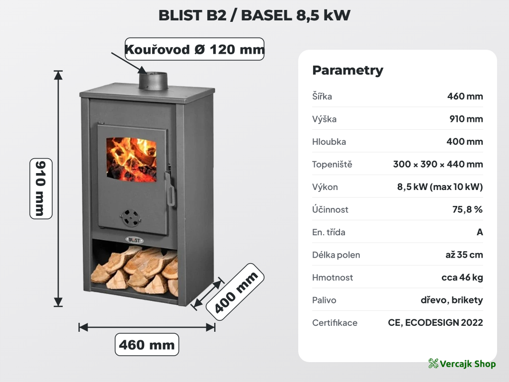 BLIST B2 BASEL v provozu — moderní kamna na dřevo v obýváku