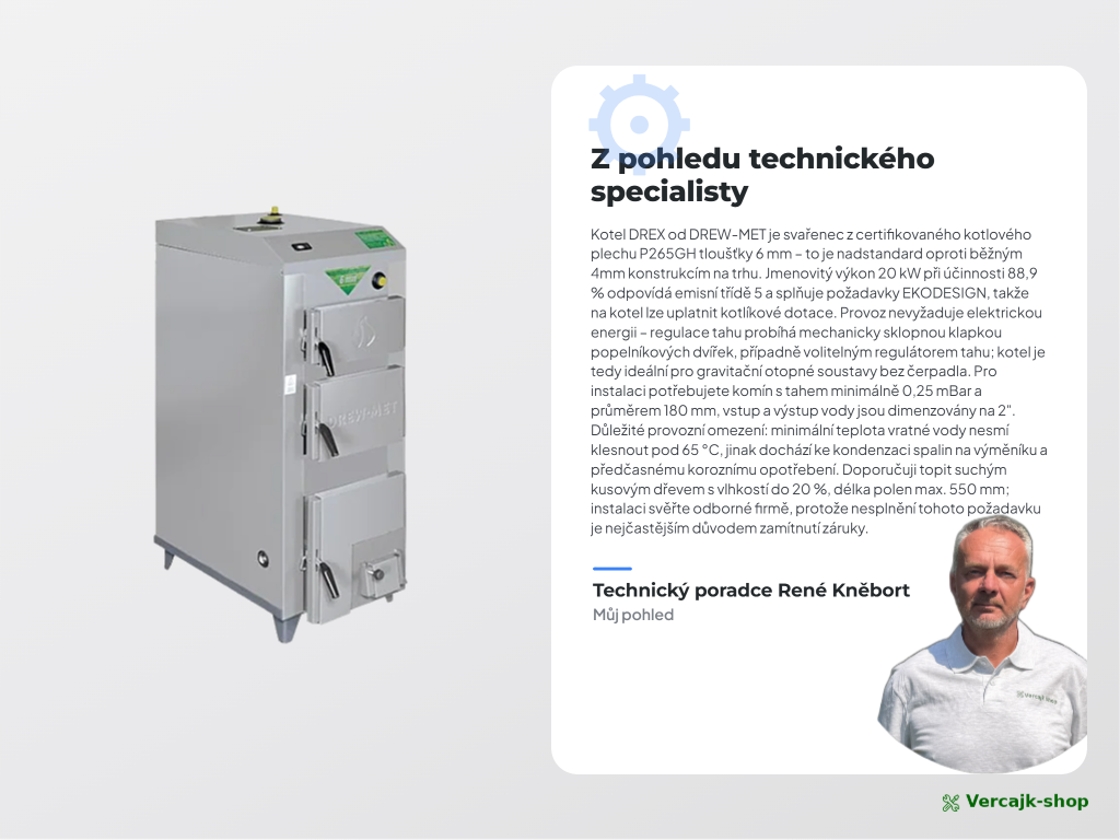 DREX 20 kW — výbava kotle a připojení