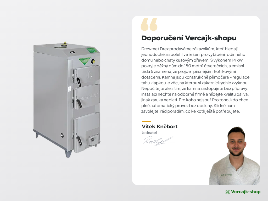 DREX 14 kW — výbava kotle a připojení