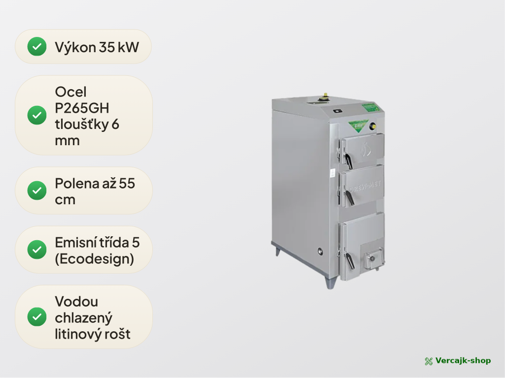DREX 35 kW — ocelová konstrukce a nakládací dvířka kotle