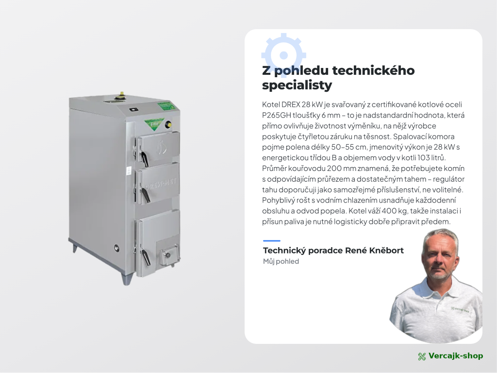 DREX 28 kW — násypná komora pro polena do 55 cm