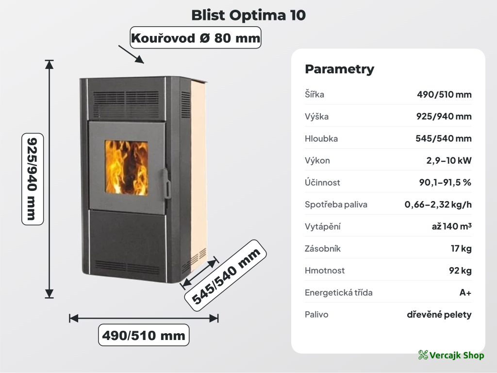 Peletová kamna Blist Optima 10 — celkový pohled na provedení