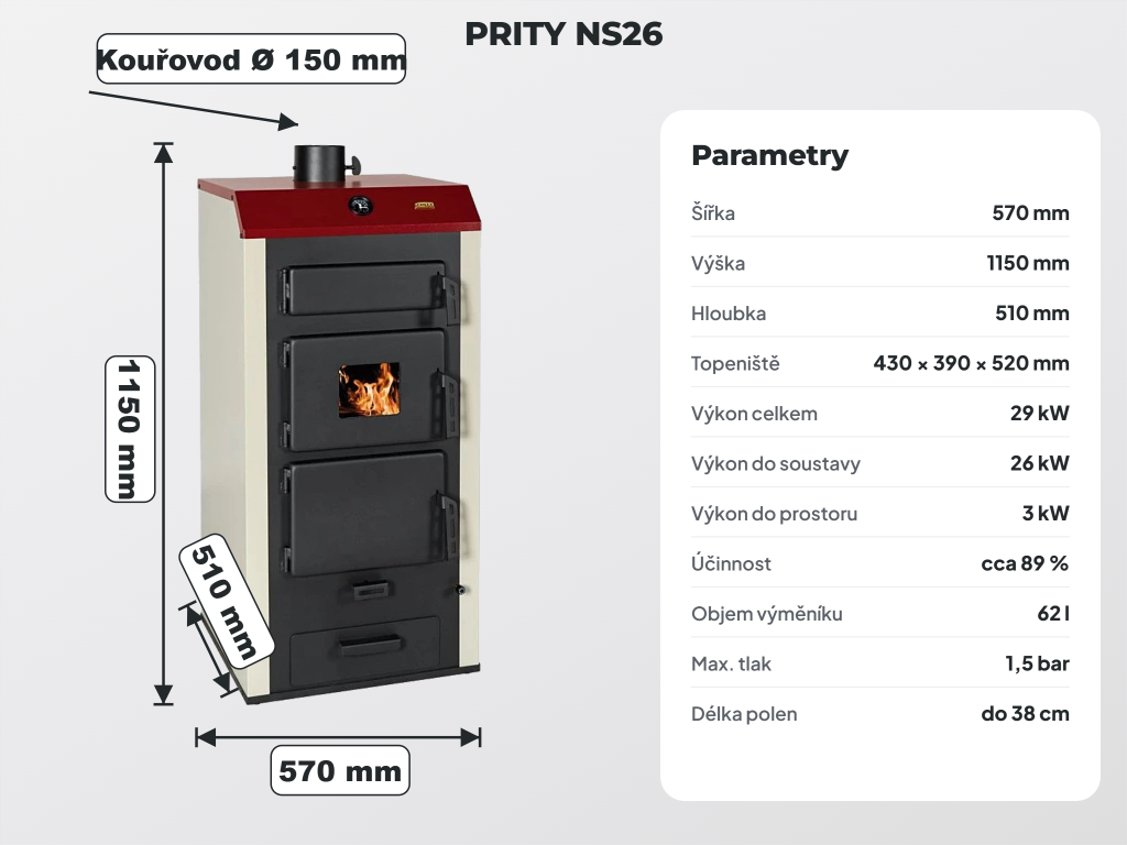 Konstrukce, topeniště a technické údaje krbových kamen PRITY NS26