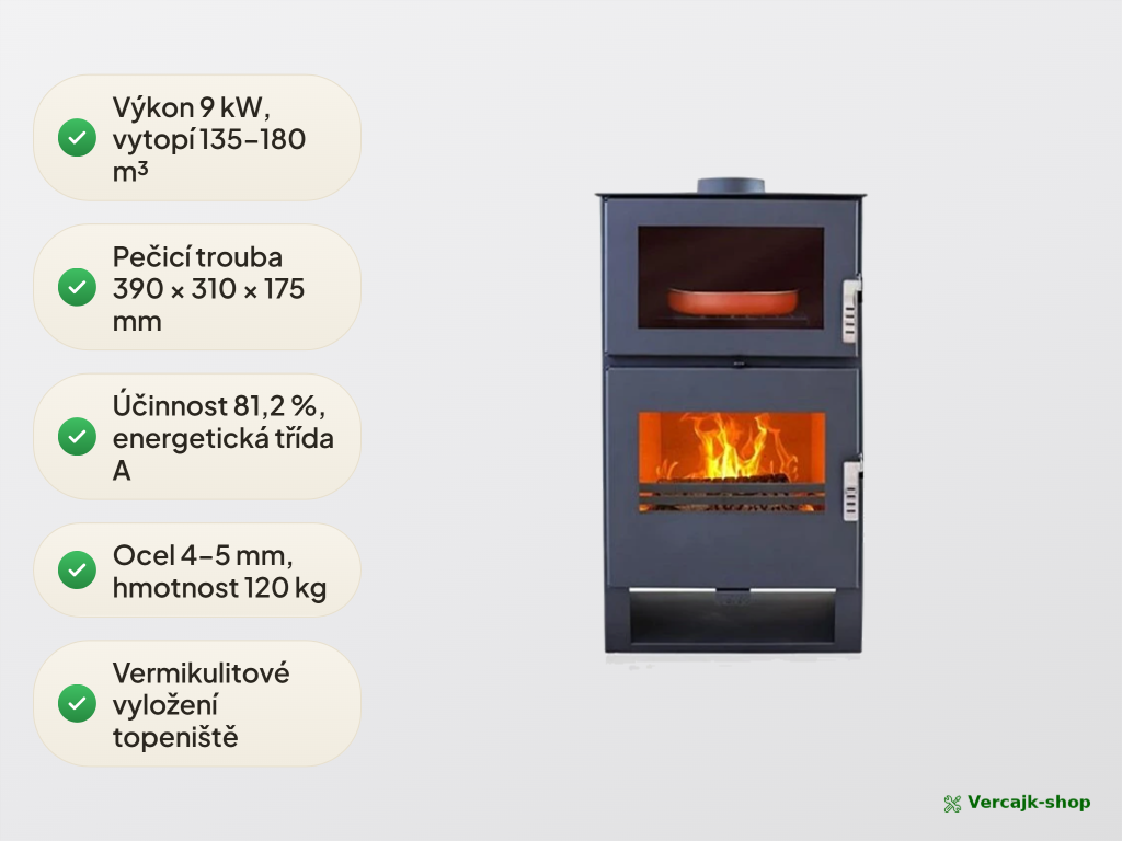 VERSO F — kamna s troubou připravená k instalaci, horní vývod 150 mm