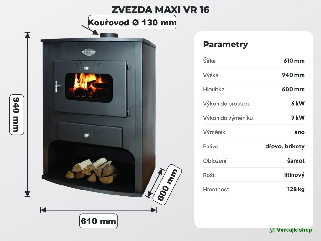 ZVEZDA MAXI VR 16 — obsah dodávky teplovodních kamn s výměníkem
