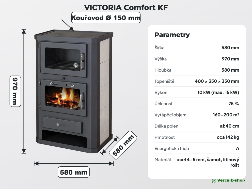 VICTORIA Comfort KF — kamna s troubou připravená k instalaci, zadní vývod 150 mm