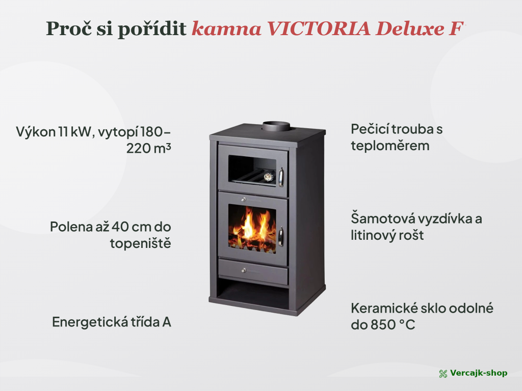 VICTORIA Deluxe F v provozu — kamna s troubou v obýváku, pečení na dřevě