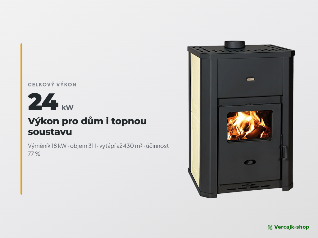 PRITY WD W24 D v provozu — teplovodní kamna vytápějící dům přes radiátory