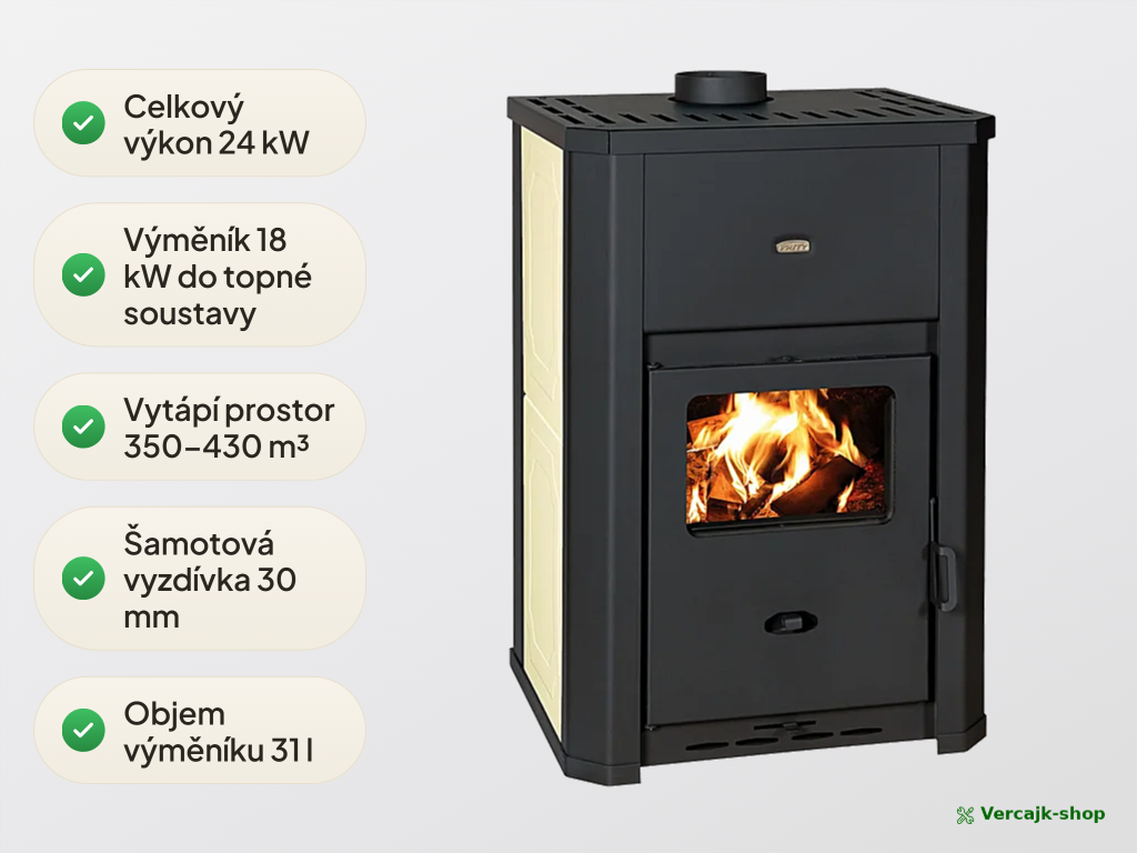 PRITY WD W24 D — detail dvířek a topeniště teplovodních kamen s výměníkem