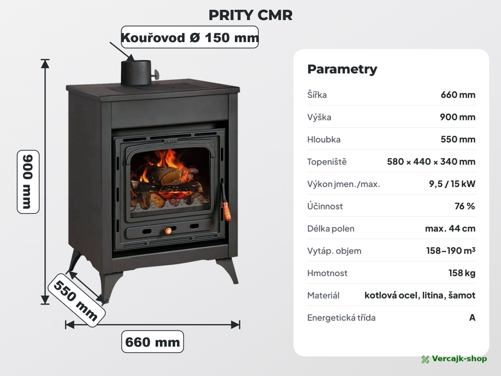 PRITY CMR — kamna připravená k instalaci, horní vývod kouřovodu 150 mm