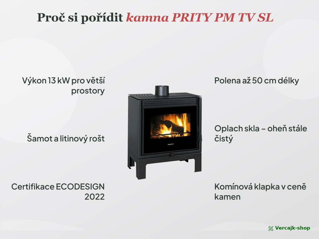 PRITY PM TV SL — kamna připravená k instalaci, horní vývod kouřovodu 150 mm