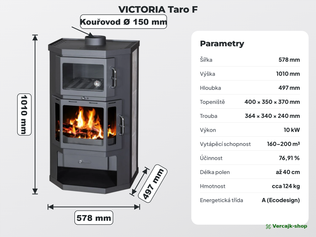 VICTORIA Taro F — kamna s troubou připravená k instalaci, horní vývod 150 mm