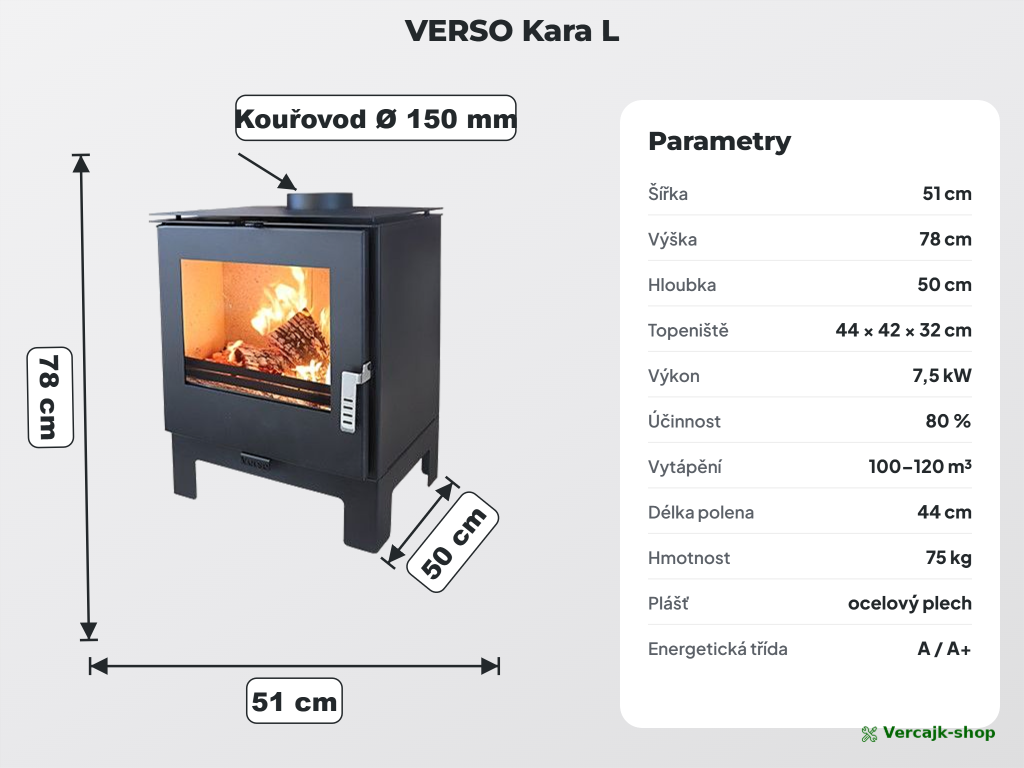 VERSO Kara L — bezpečné umístění kamen a připojení na komín
