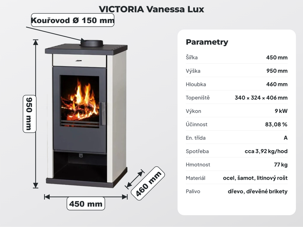 VICTORIA Vanessa Lux — krbová kamna VICTORIA 7,5 kW ve slonové kosti, celkový pohled