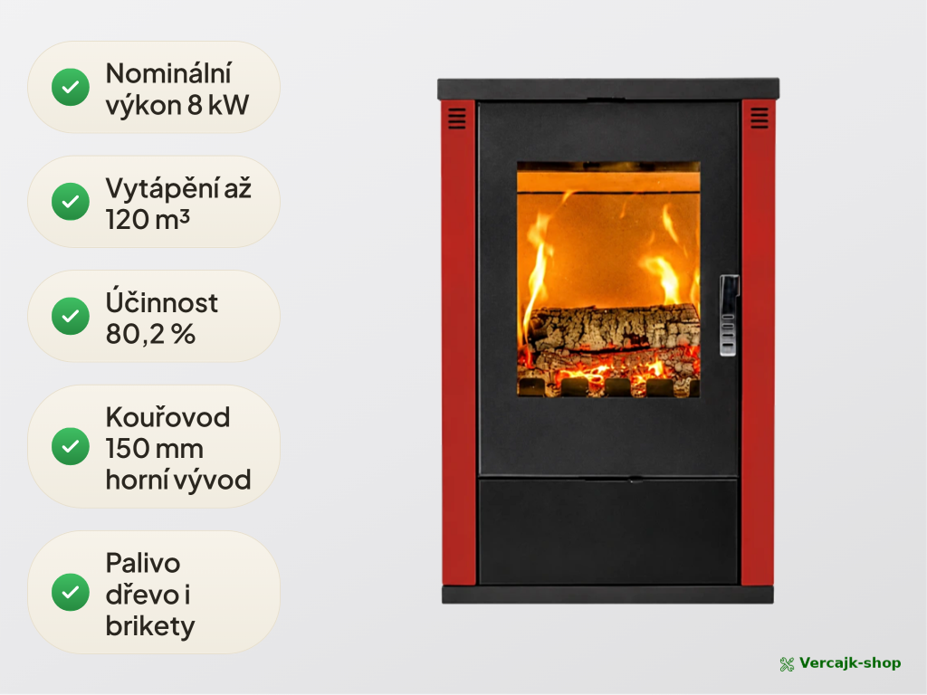 VERSO Lheia — detail dvířek se žáruvzdorným sklem a kovovou klikou
