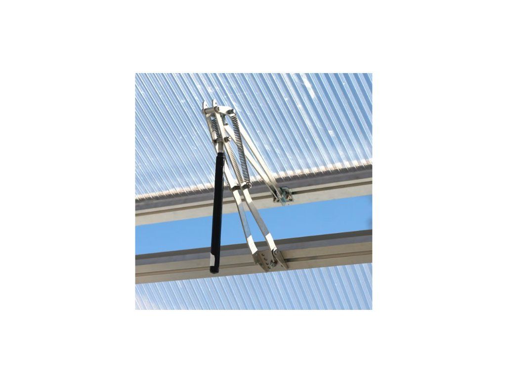 Automatický otvírač LEGI — montáž na střešní okno obloukového skleníku — píst nezasahuje do polykarbonátu