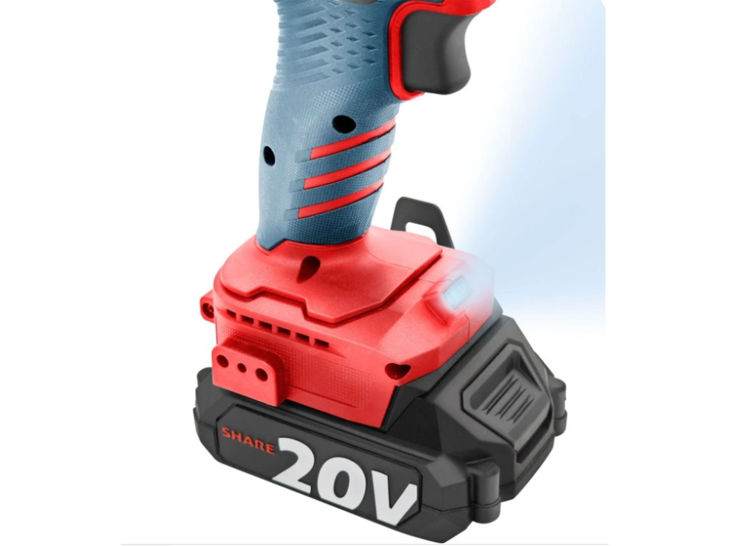 EXTOL PREMIUM BRUSHLESS SHARE20V — detail celokovového sklíčidla s aretací a ergonomické rukojeti