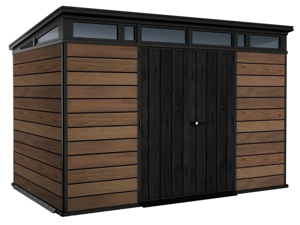 Zahradní domek Keter PENT Signature 11x7 Walnut — pohled na celý domek s podlahou a dvojitými dveřmi
