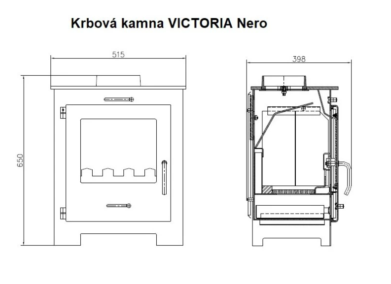 VICTORIA Nero — keramické sklo dvířek s výhledem na oheň a regulace přívodu vzduchu